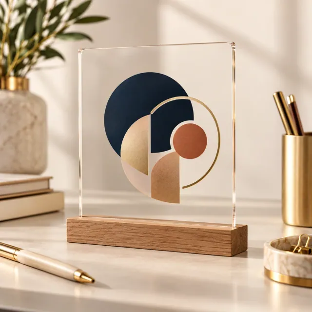 Element de branding pentru birou din plexiglas transparent cu print personalizat