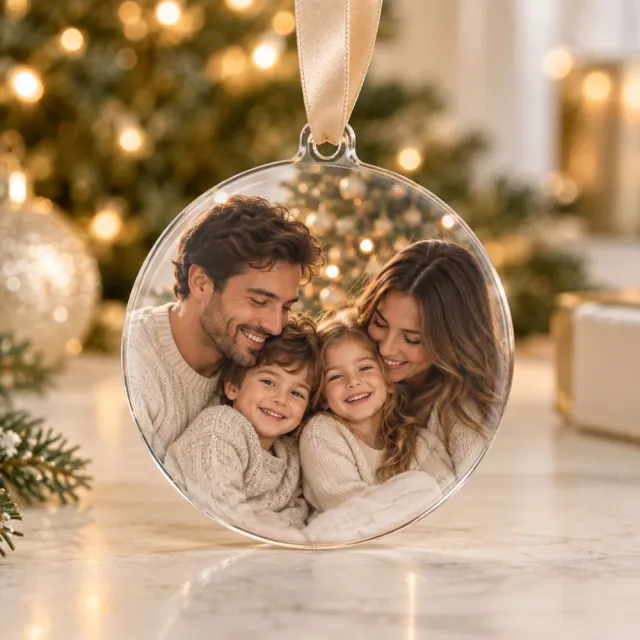Glob din plexiglas transparent cu fotografie personalizată pentru brad