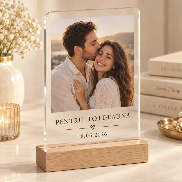 Plachetă din plexiglas cu fotografie, mesaj și dată
